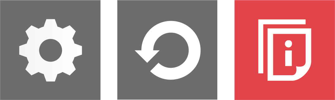 First buttons shows a cog, second a refresh symbol. third a page with an lower case i